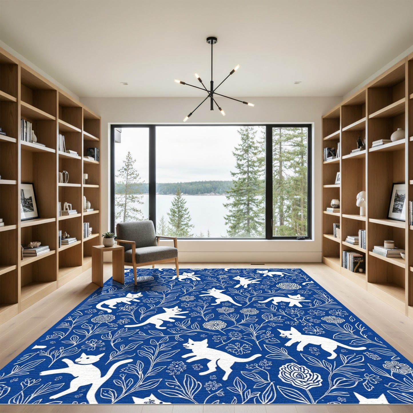 White Cats Blue Floral Garden Rug