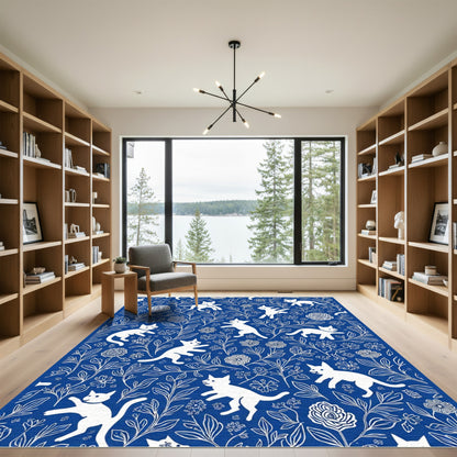 White Cats Blue Floral Garden Rug