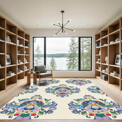 Whimsical Purple Yellow Floral Medallion Rug