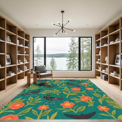 Teal Orange Floral Bird Companions Rug
