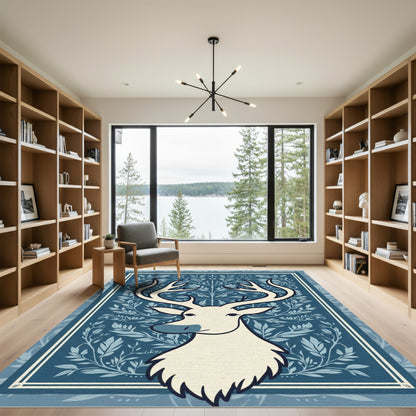 Cream Deer In Blue Foliage Motif Rug
