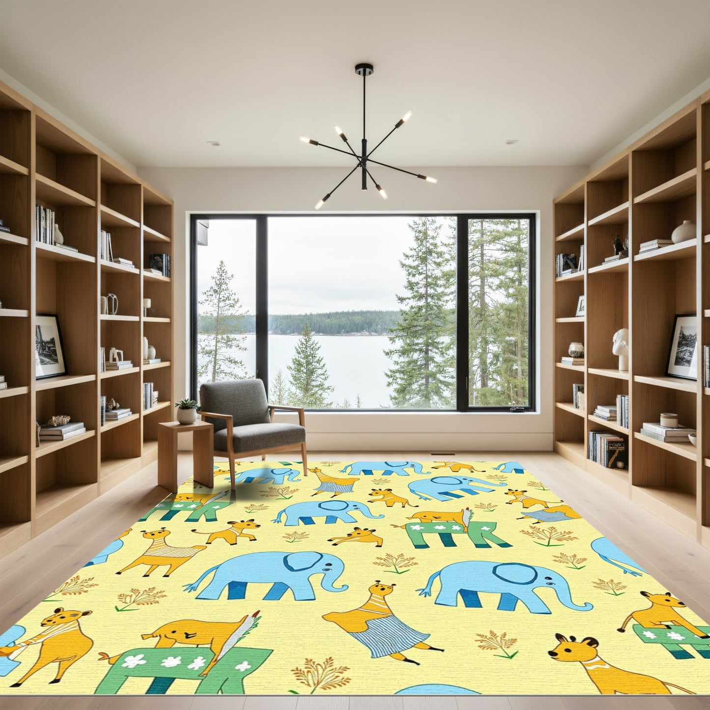 Whimsical Yellow Giraffe Elephant Safari Rug