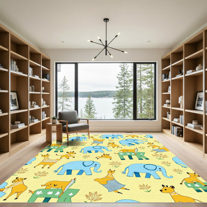 Whimsical Yellow Giraffe Elephant Safari Rug