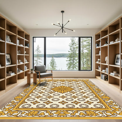 Golden Sunburst Floral Border Rug