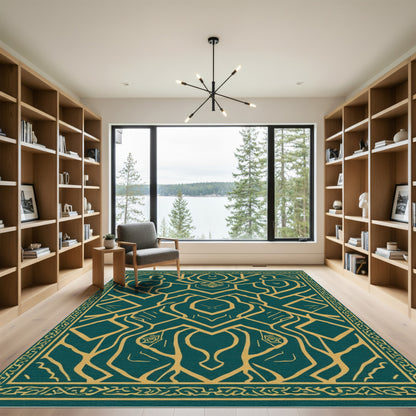 Deep Teal Gold Abstract Symmetry Rug