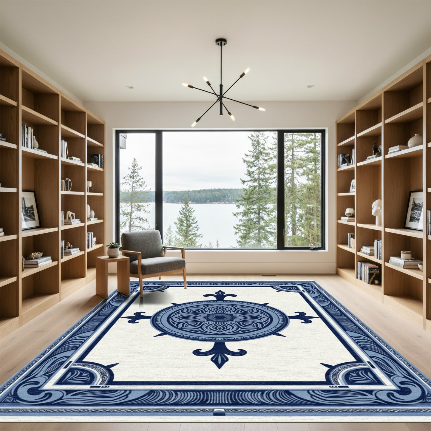Indigo Blue Center Medallion Bordered Rug