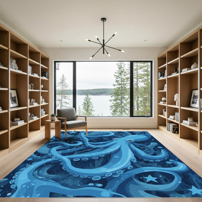 Deep Blue Underwater Octopus Swirl Rug