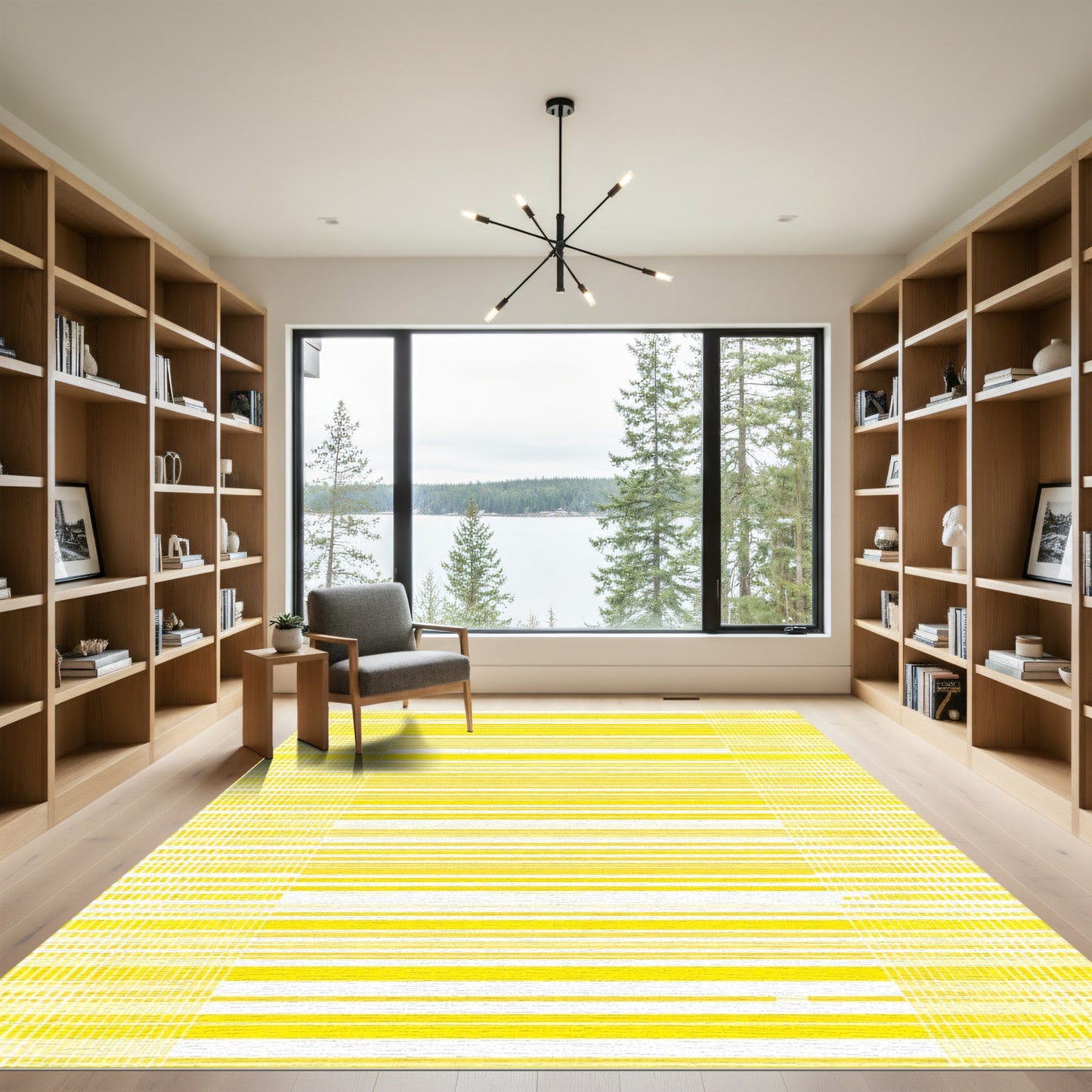 Bright Yellow Horizontal Stripe Grid Rug