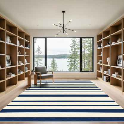 Deep Blue Ivory Horizontal Bands Rug