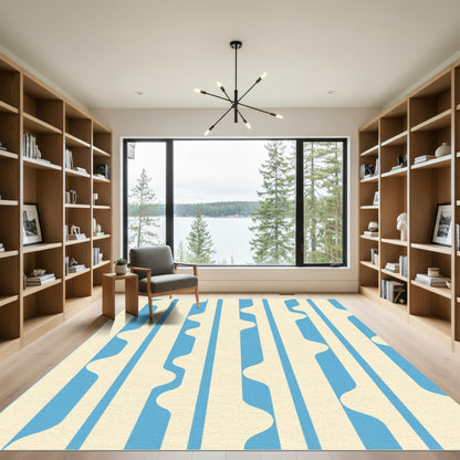 Cream Blue Vertical Wavy Stripe Rug