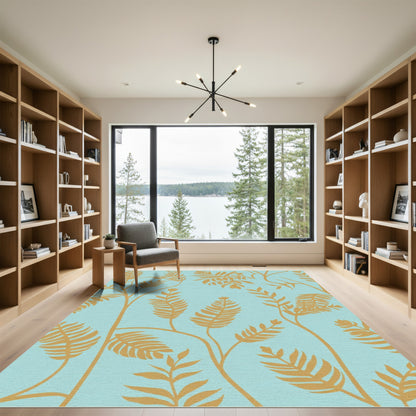 Golden Foliage Teal Background Rug