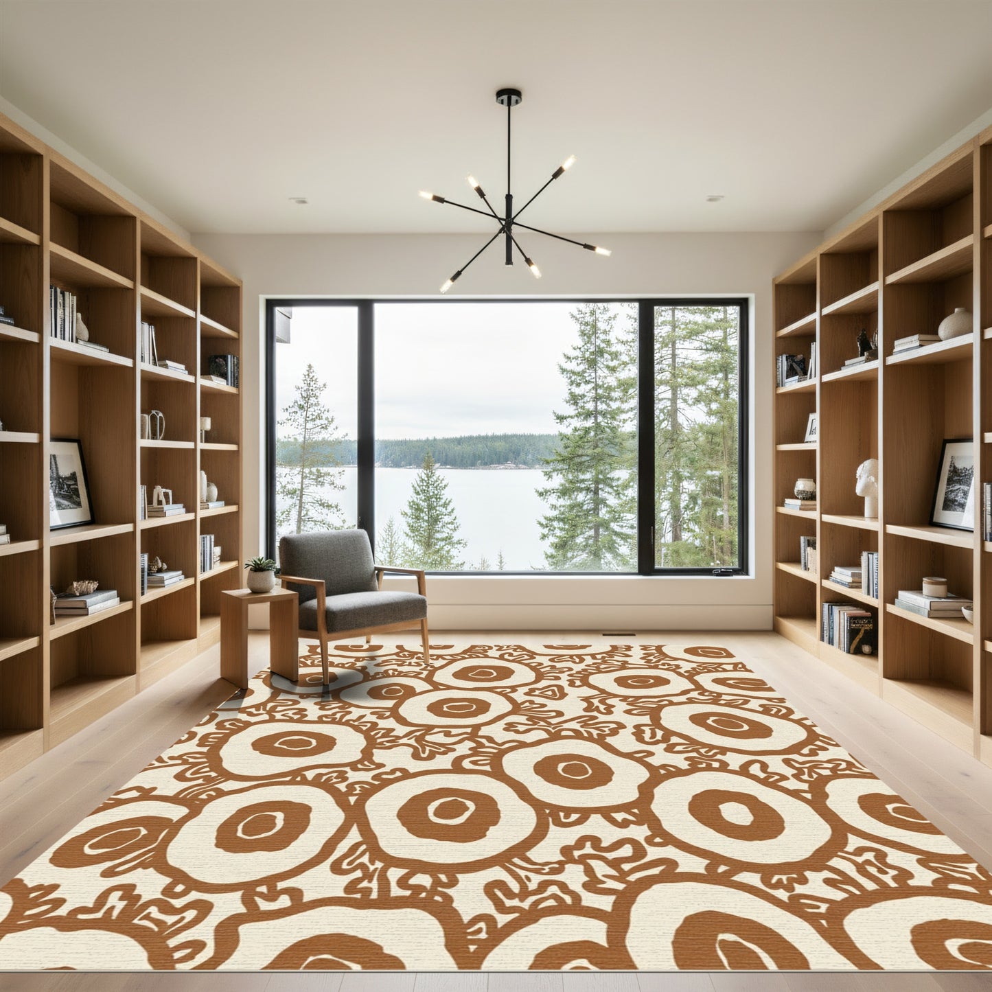 Earthy Brown Abstract Floral Circles Rug