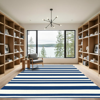 Marine Blue Cream Linear Bands Rug