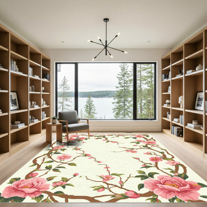Pink Blossom Branches Cream Background Rug