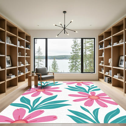 Bright Pink Daisy Tropical Leaves Rug