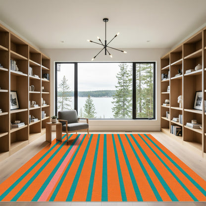 Bold Orange Turquoise Vertical Stripe Rug