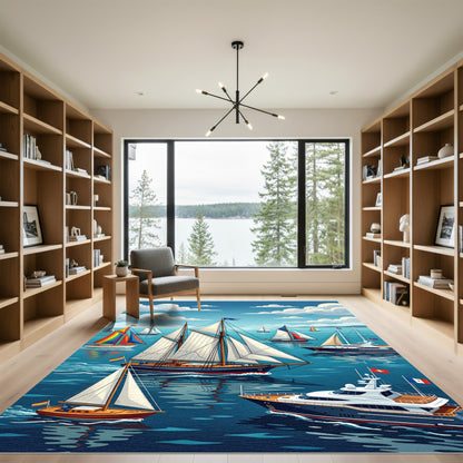 Vibrant Rainbow Sailing Regatta Scene Rug