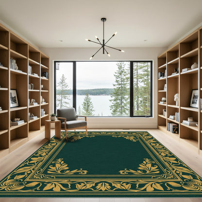 Emerald Gold Leaf Scroll Border Rug