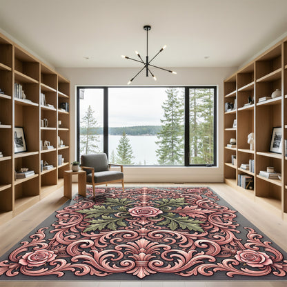 Pink Rose Scrollwork Victorian Ornament Rug
