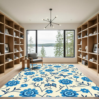 Charming Blue Floral Butterfly Garden Rug