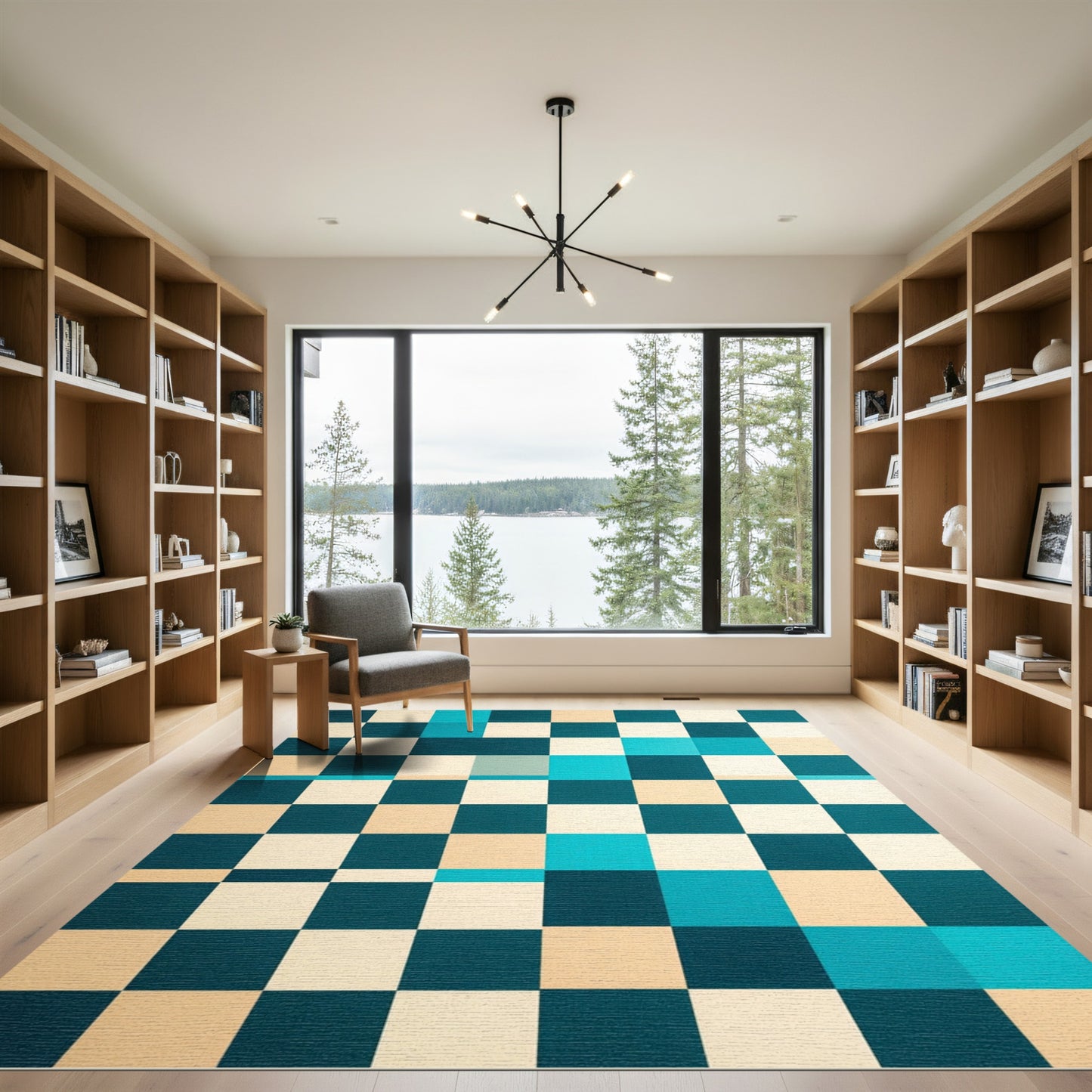 Aqua Beige Teal Checkered Squares Rug