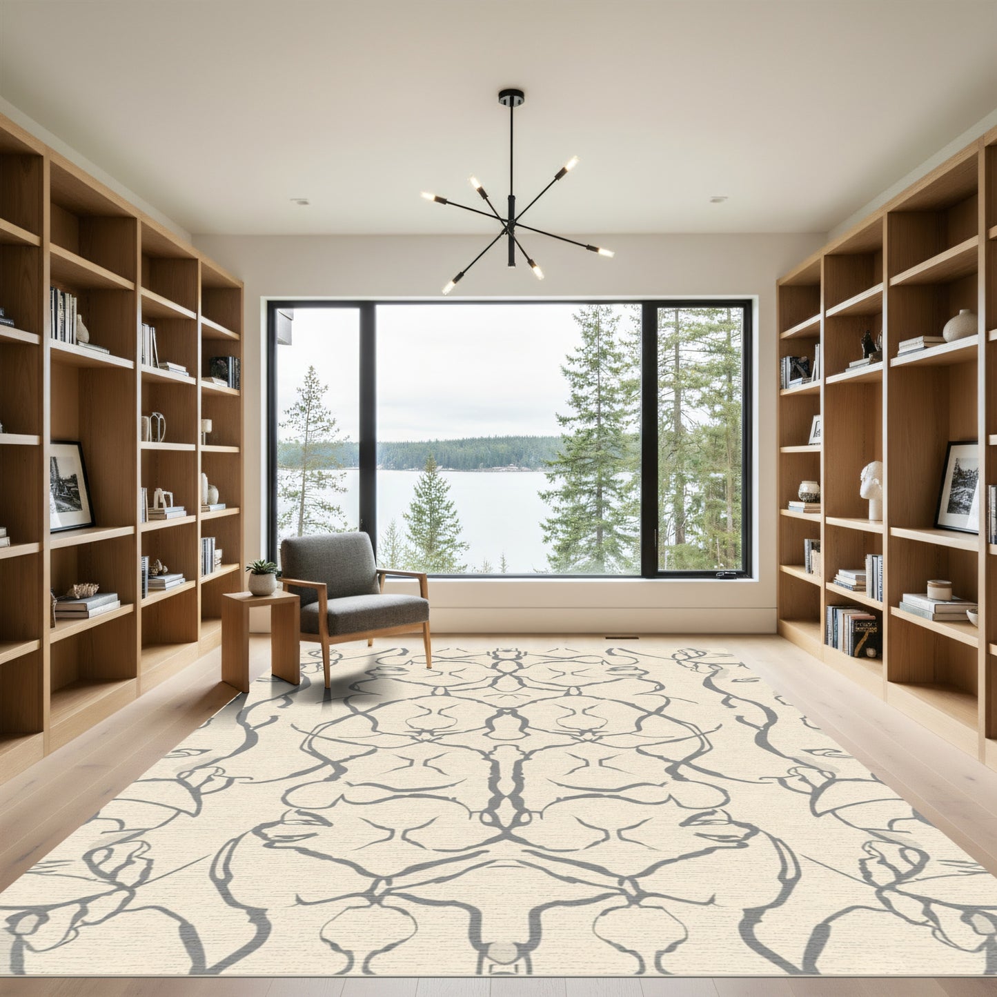 Cream and Gray Abstract Organic Brushstroke Rug
