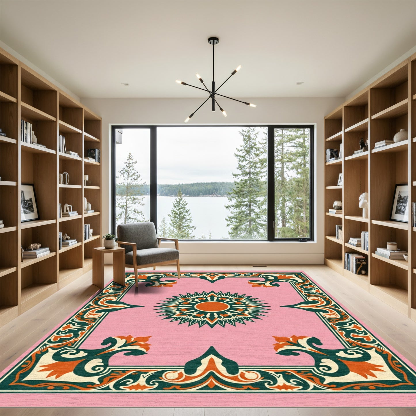 Pink Ivory Coral Floral Sunburst Border Rug