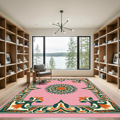 Pink Ivory Coral Floral Sunburst Border Rug