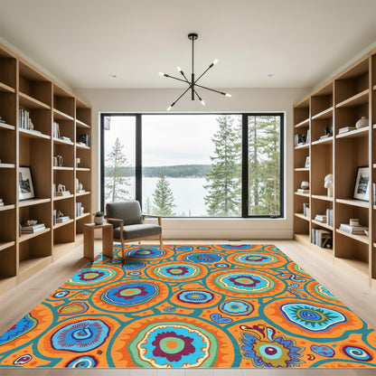 Vibrant Orange Blue Floral Circles Rug