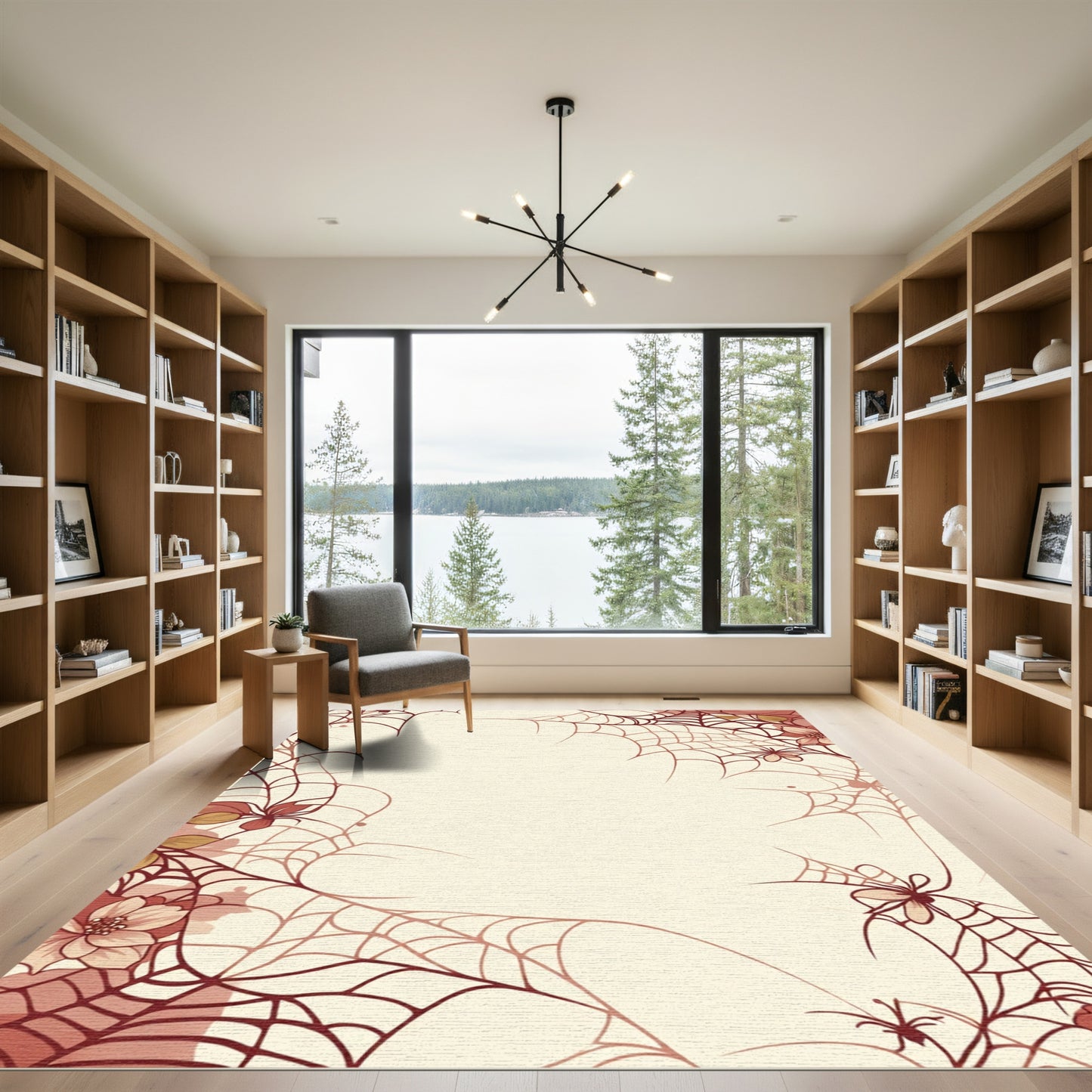 Crimson Spider Web Floral Border Rug