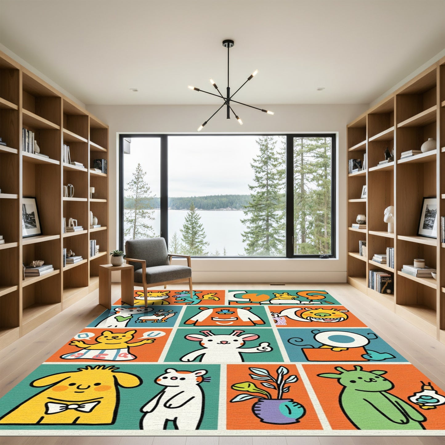 Playful Whimsical Cartoon Creature Collage Rug