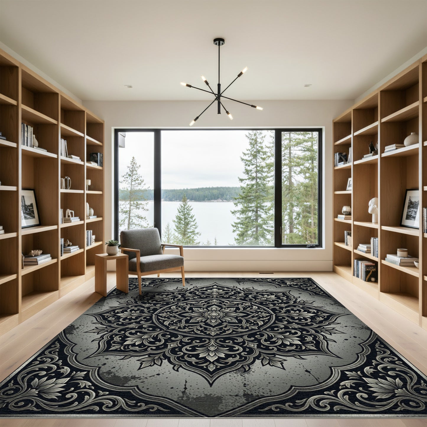 Ornate Silver Floral Mandala Rug