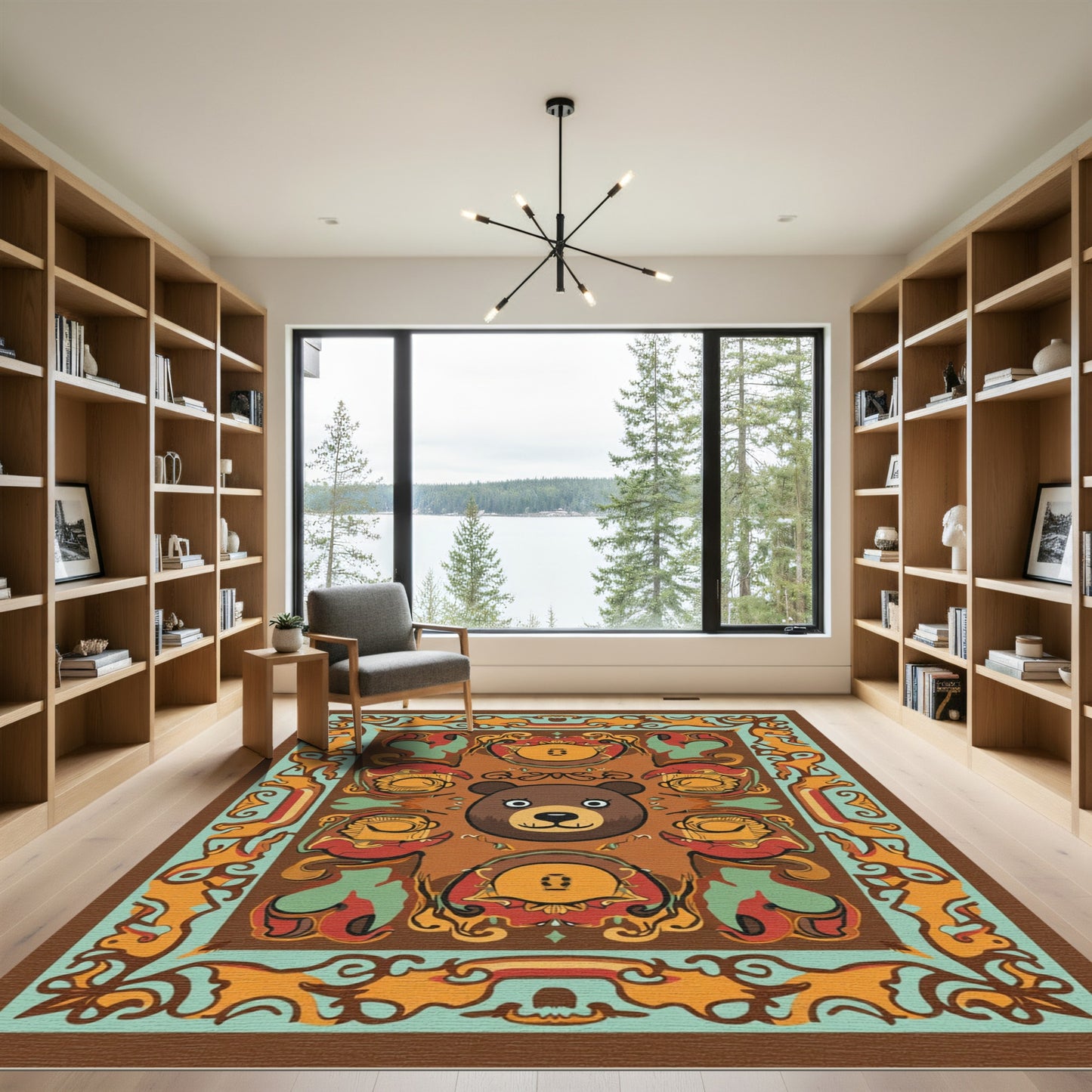 Whimsical Bear Face Abstract Scroll Rug