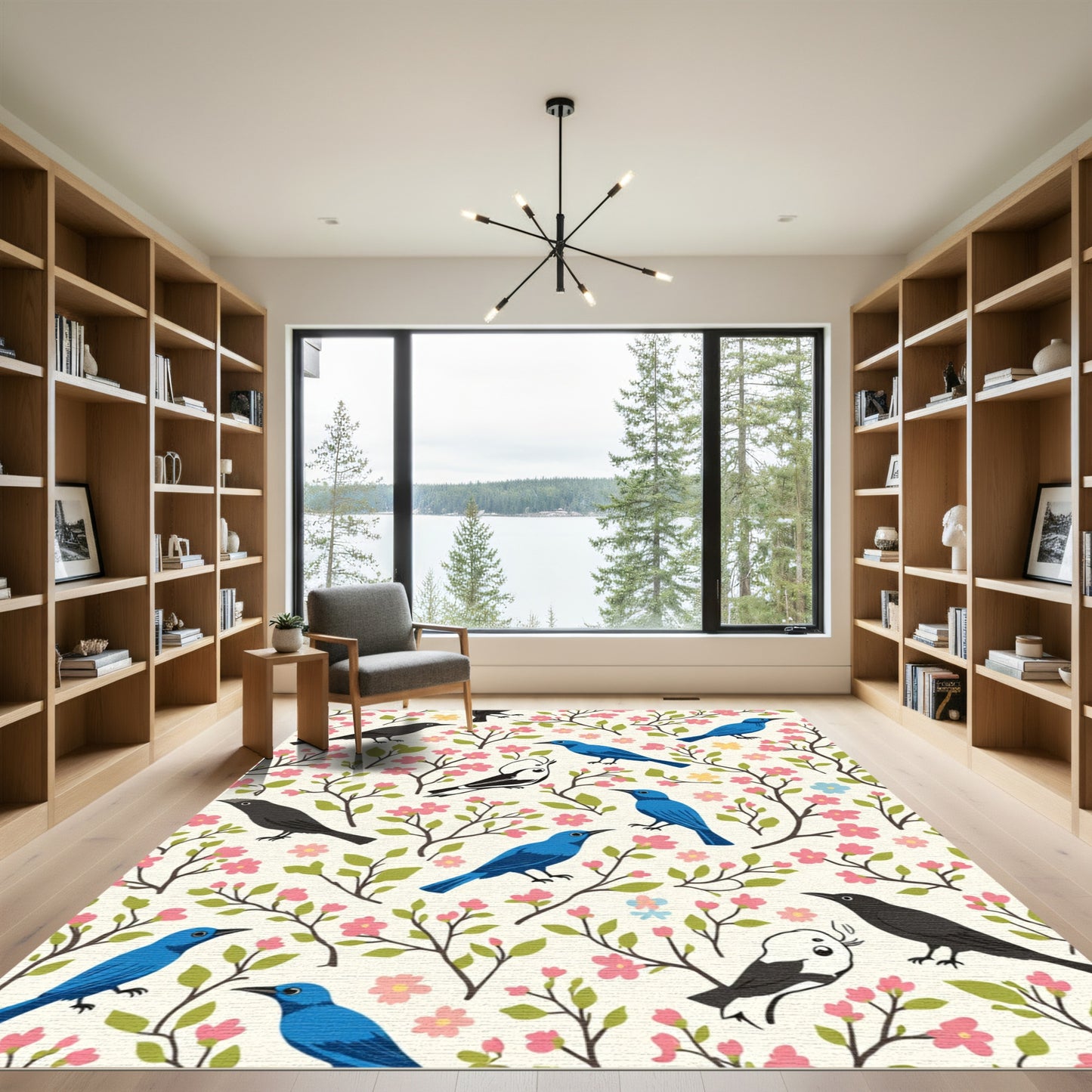 Pink Blossom Birds On Cream Background Rug