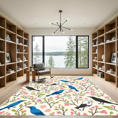 Pink Blossom Birds On Cream Background Rug