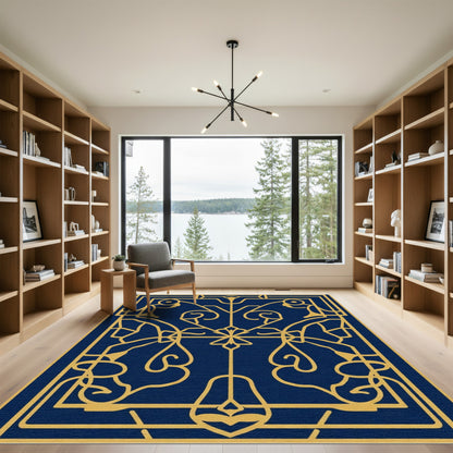 Golden Art Deco Swirls Navy Rug