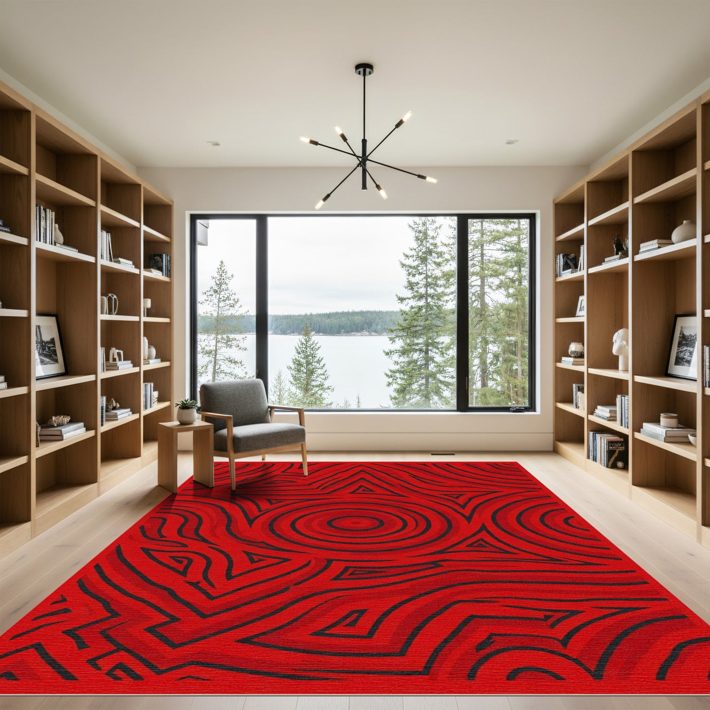 Crimson Abstract Geometric Swirl Rug