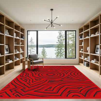 Crimson Abstract Geometric Swirl Rug