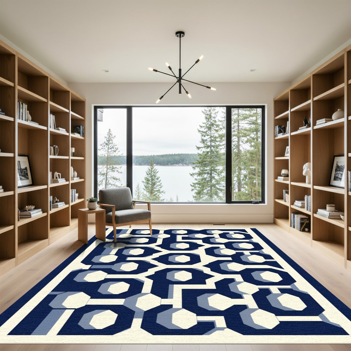 Navy Blue Geometric Octagon Maze Rug