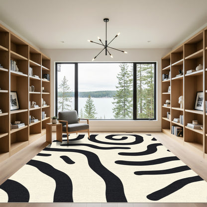 Creamy Black Organic Swirl Abstract Rug