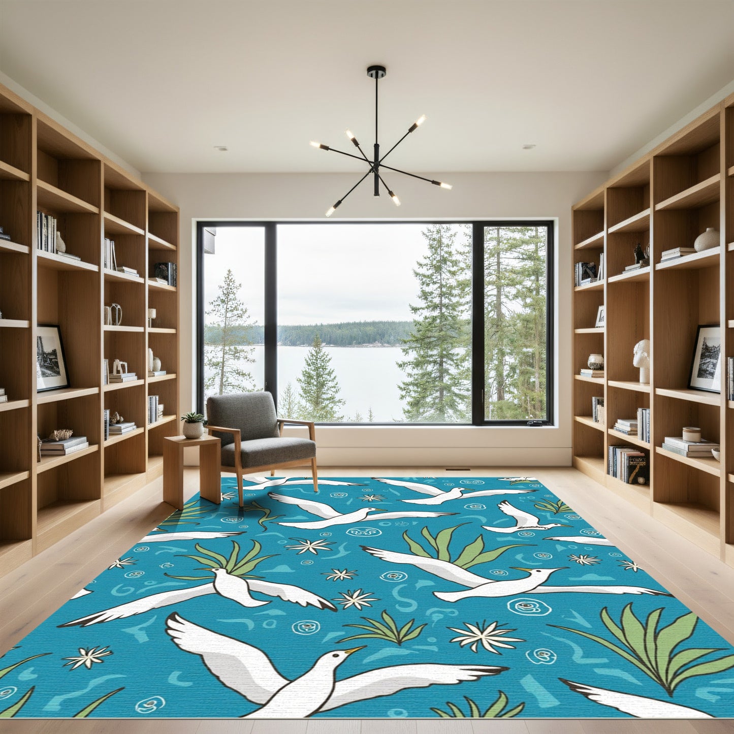 Flying White Seagulls Aquatic Swirls Rug
