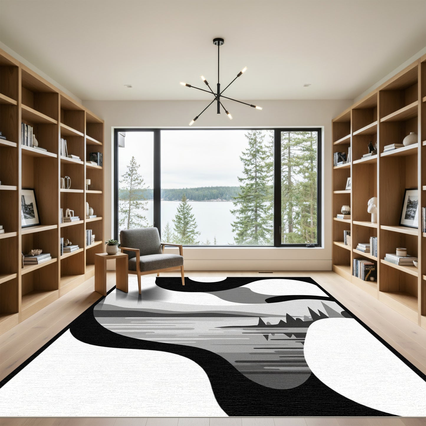 Monochromatic Abstract Landscape Lake Scene Rug