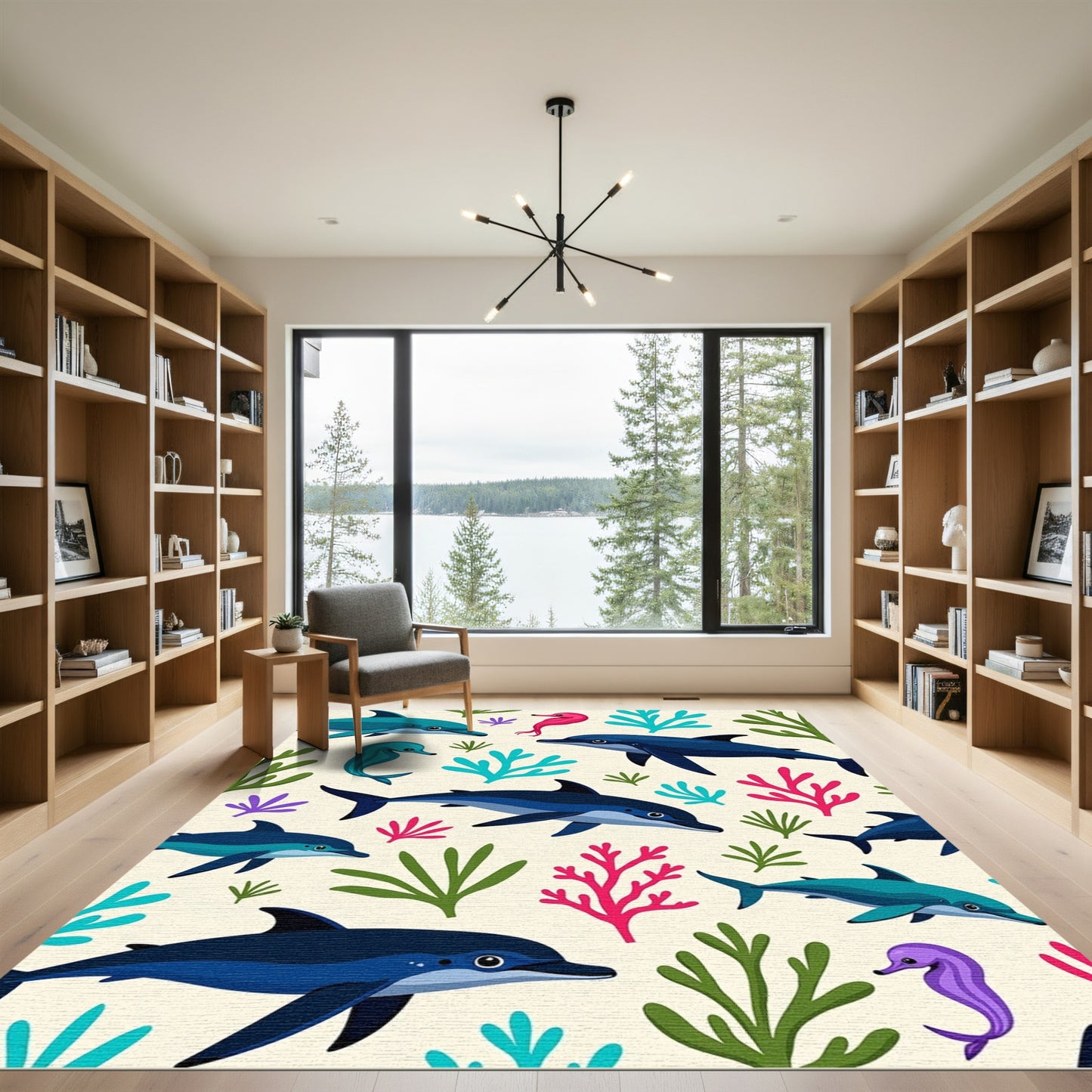 Marine Dolphins Seahorses Coral Pattern Rug
