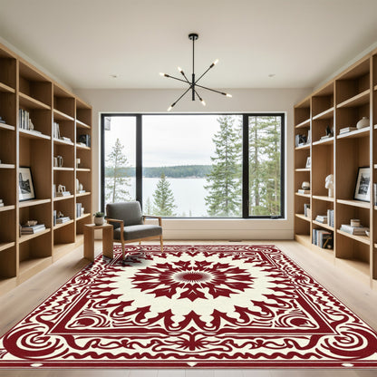 Crimson Floral Sunburst Medallion Border Rug