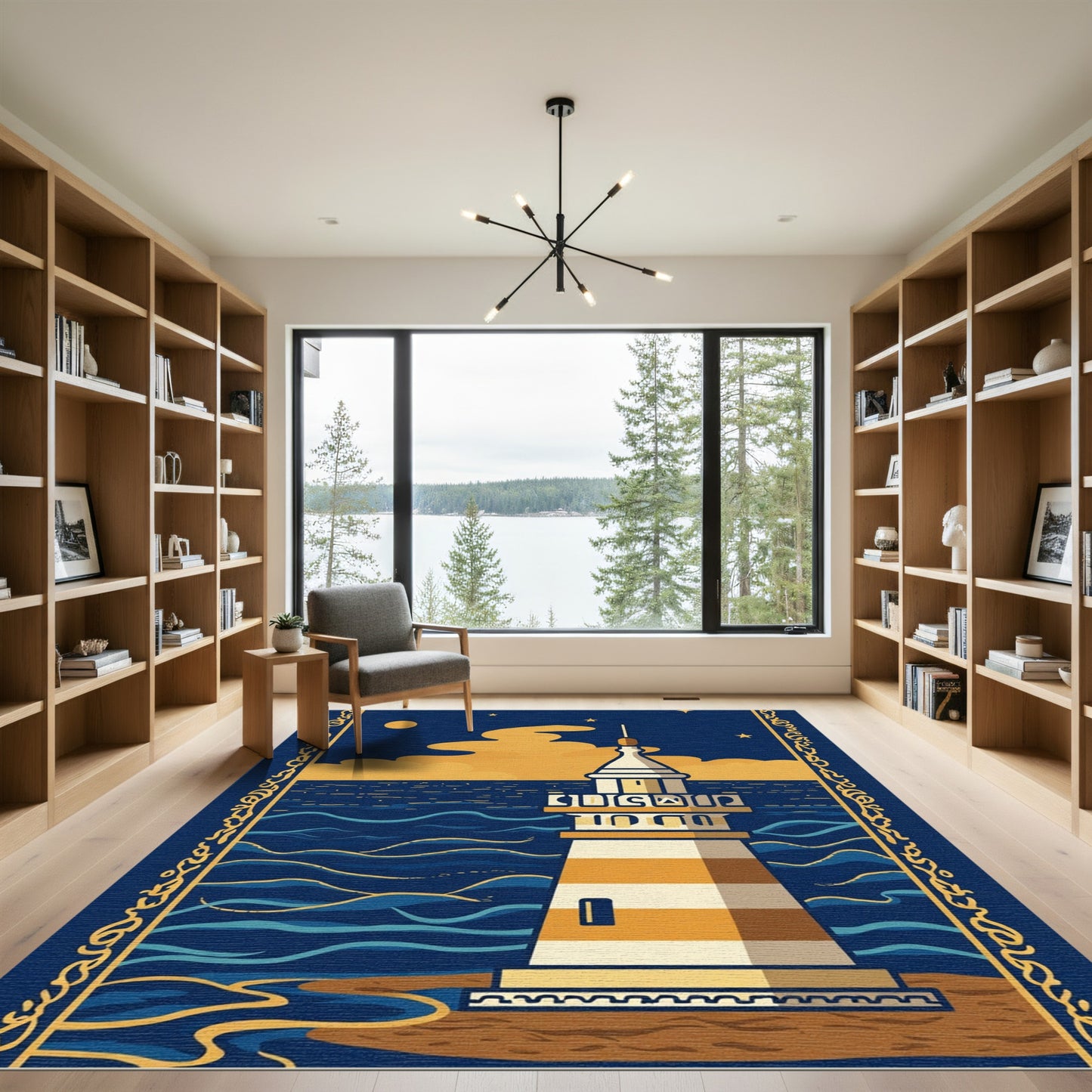 Coastal Lighthouse Stripped Horizon Swirls Rug