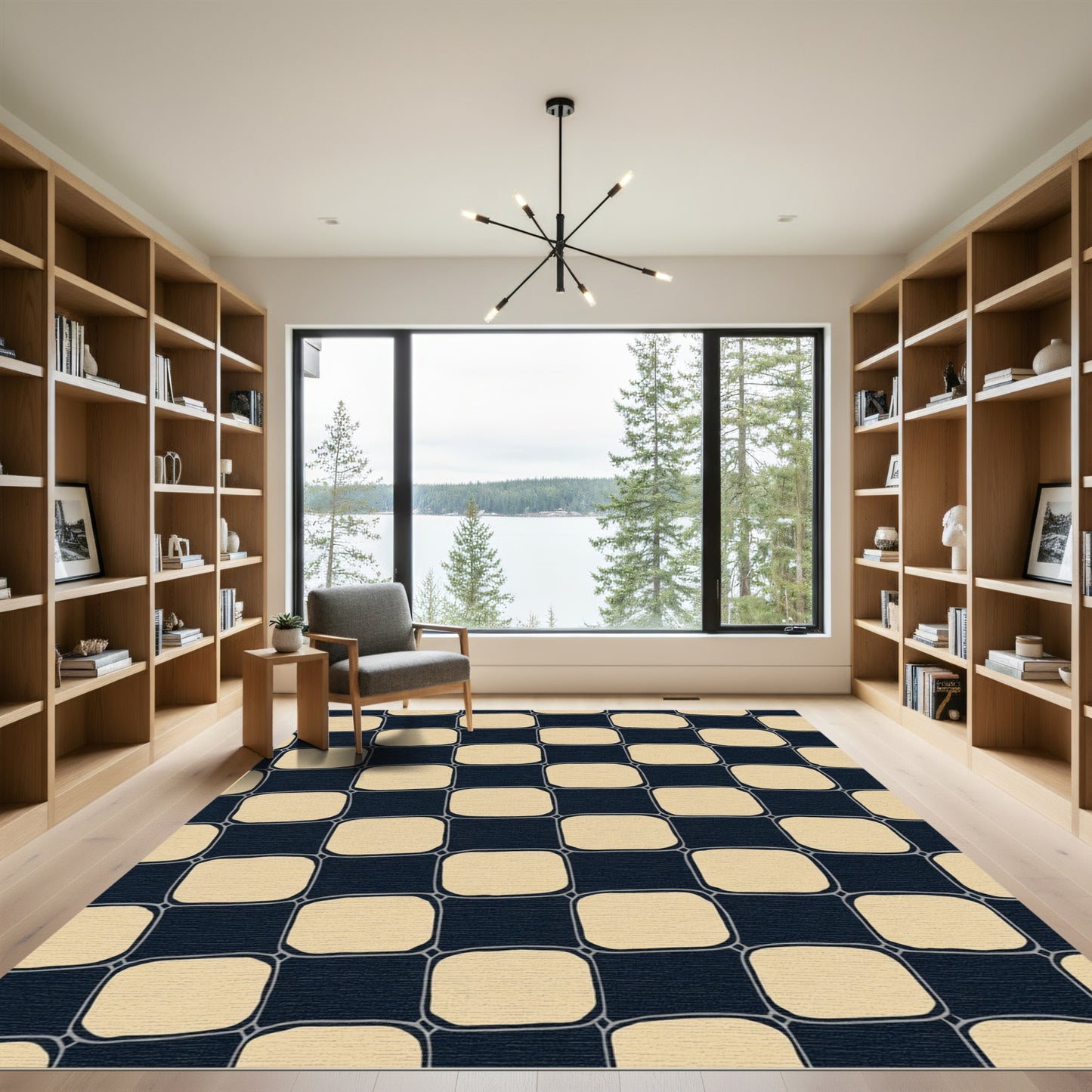 Navy Cream Checked Grid Design Rug