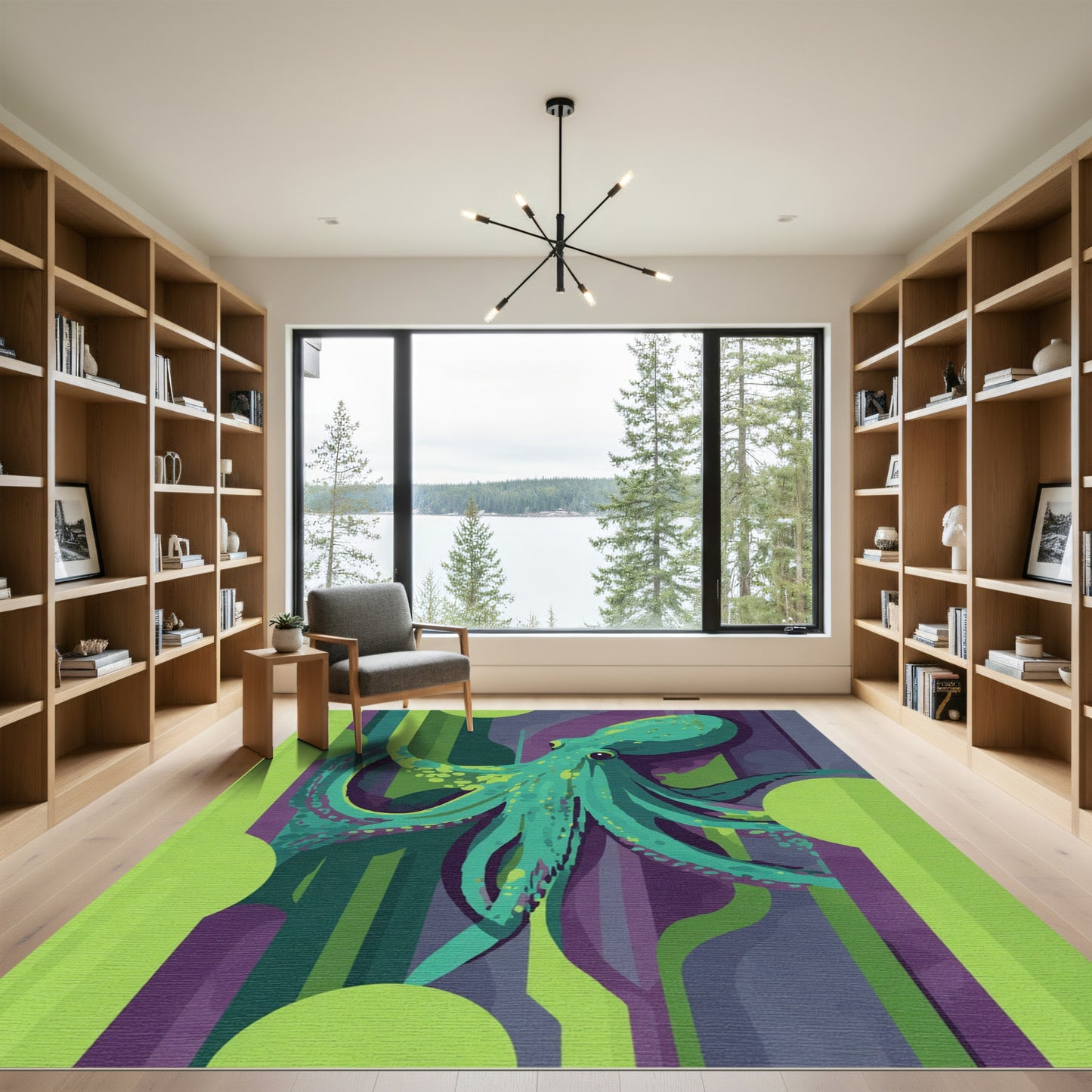 Turquoise Octopus Amidst Abstract Stripes Rug