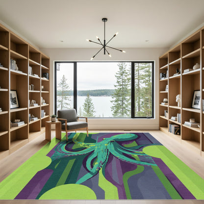 Turquoise Octopus Amidst Abstract Stripes Rug