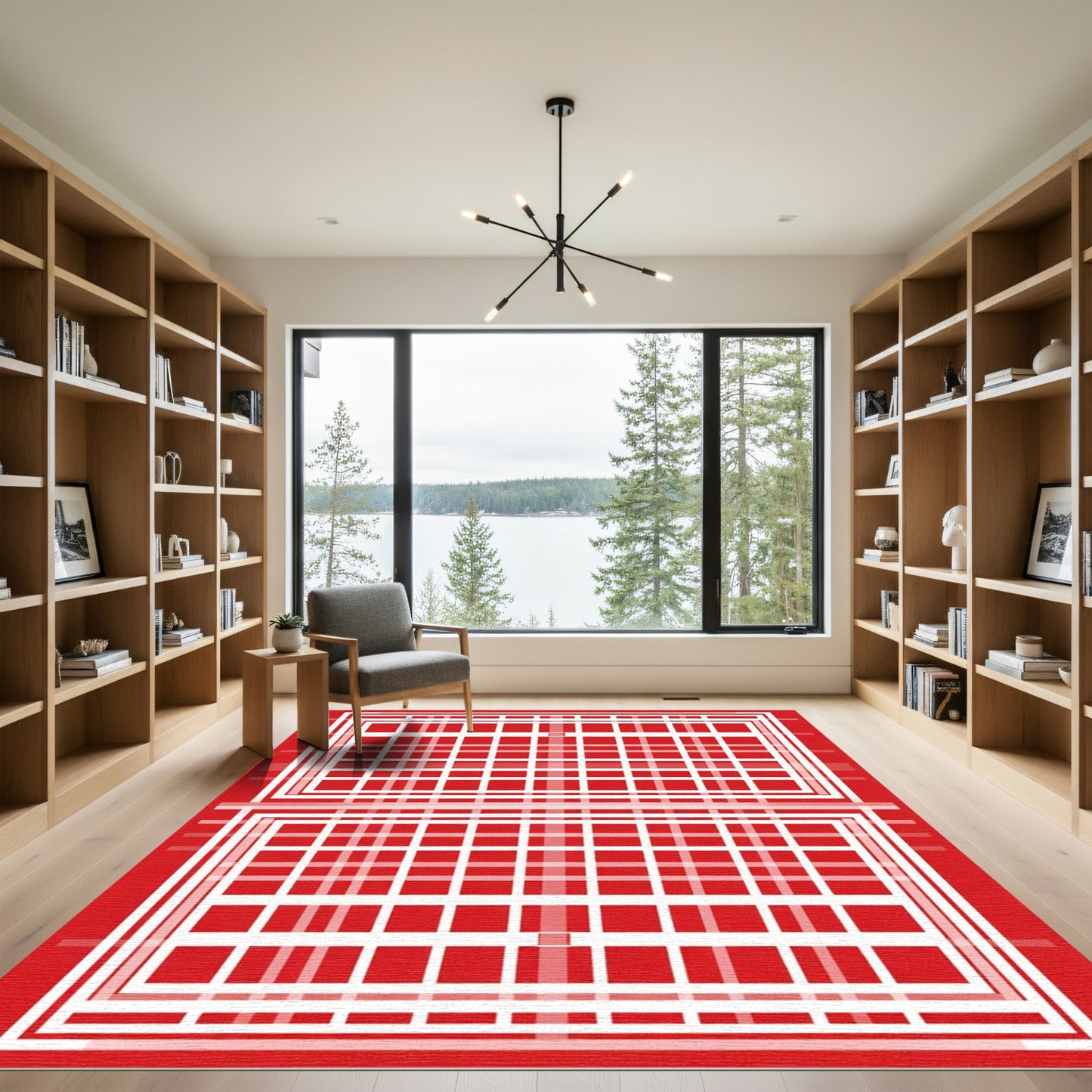 Red White Geometric Layered Grid Rug
