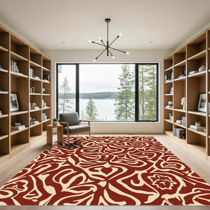 Deep Red Cream Organic Swirl Rug
